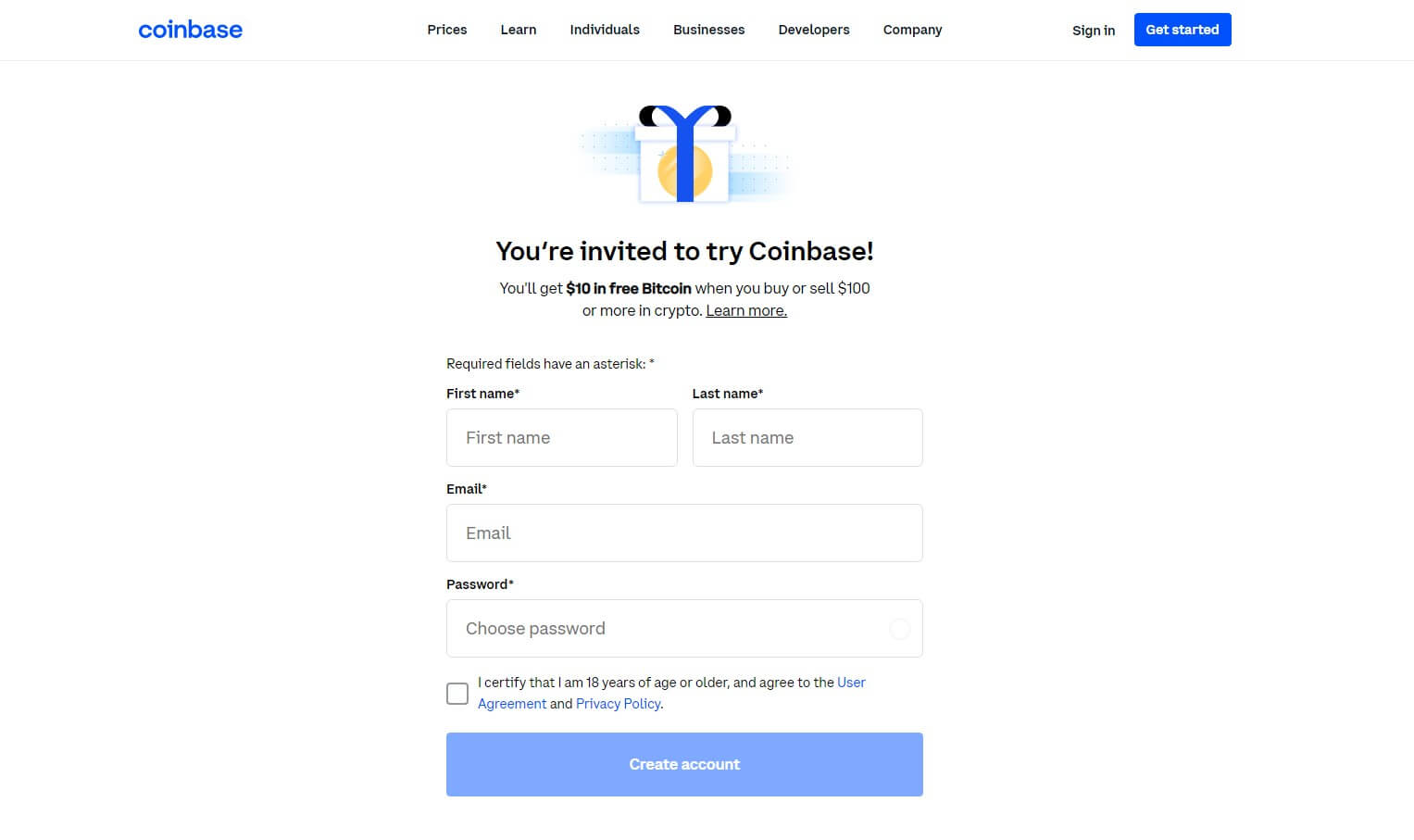 sign up on coinbase